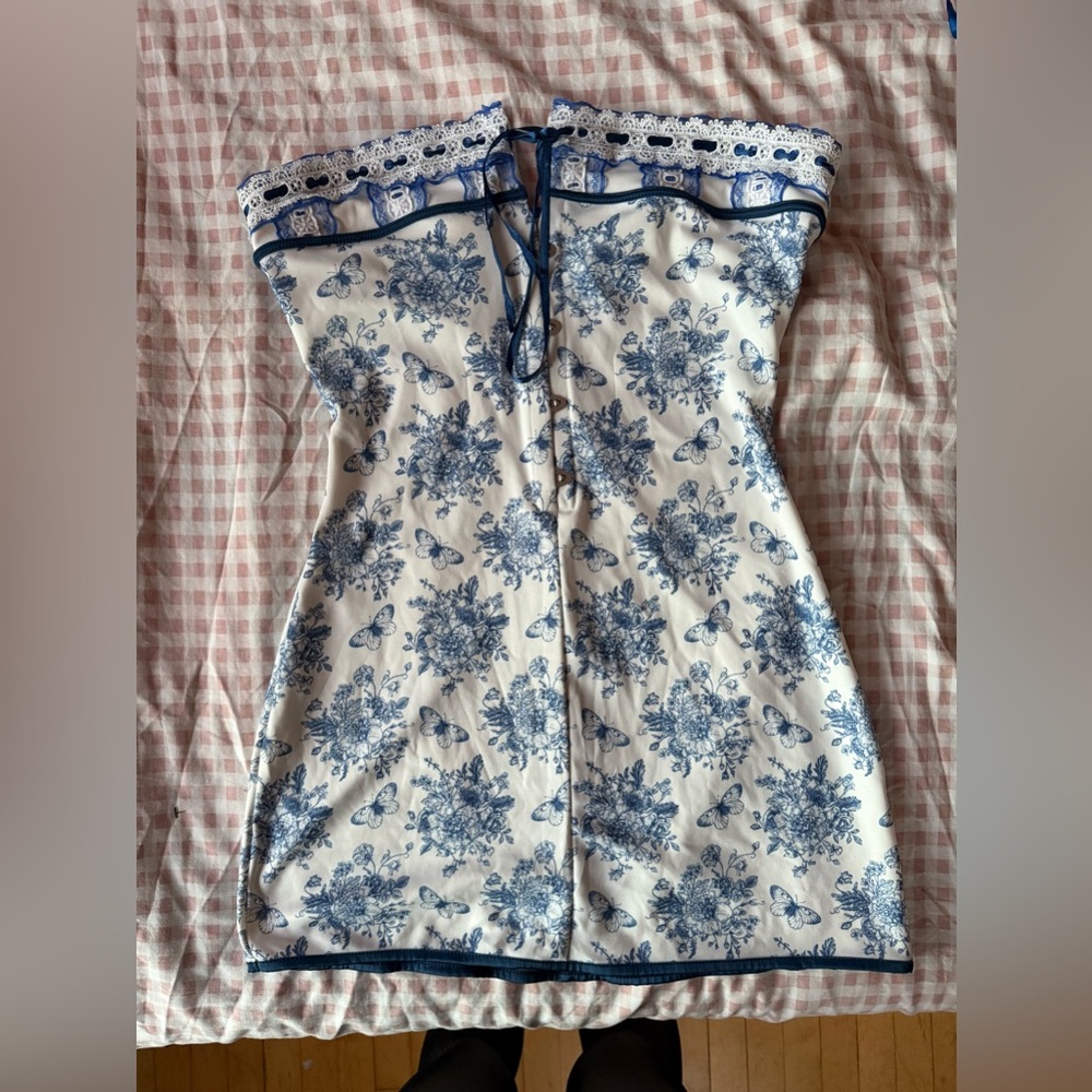 Floral and Butterfly Patterned Lace Trim Mini Dress